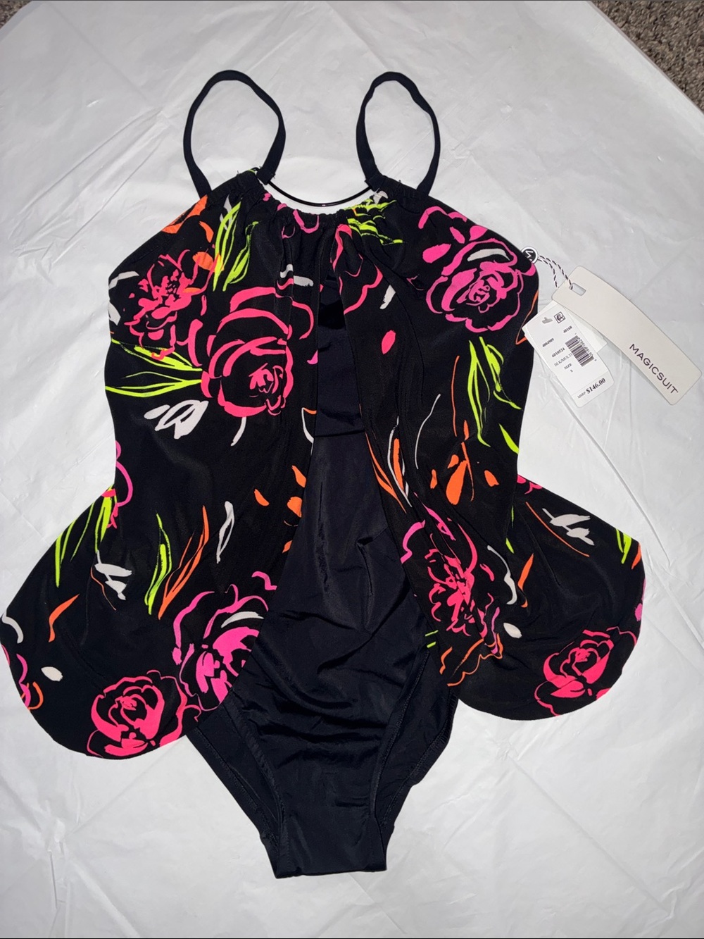 Magicsuit Black One-Piece Swimsuit with Neon Pink & Orange Floral Print